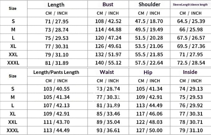 The image displays a detailed size chart in centimeters and inches for the men fleece cargo sweatshirt and pants set available in sizes S to XXXL.