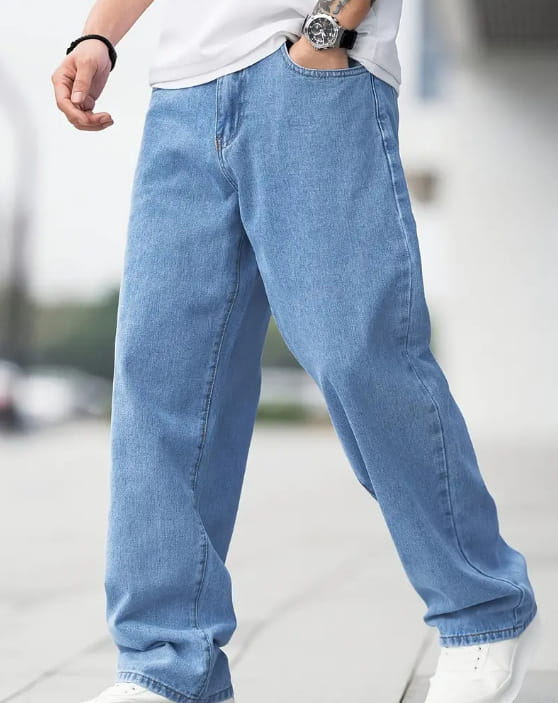 Men’s relaxed straight leg light wash denim jeans made of blue denim with a straight-leg cut shown from the back side.