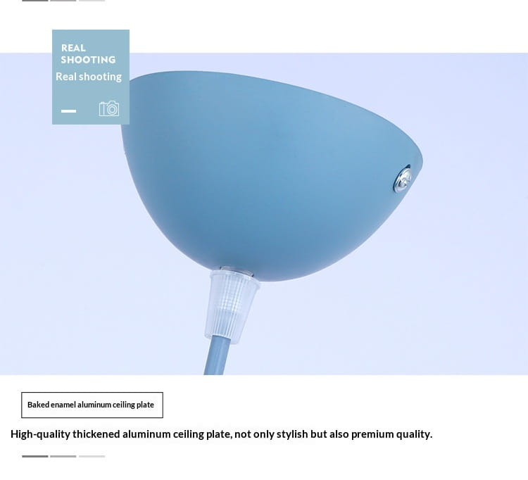 A sleek matte blue baked enamel aluminum ceiling plate with a modern dome-shaped design for the Nordic Macaron Led Pendant Light with wood accent.