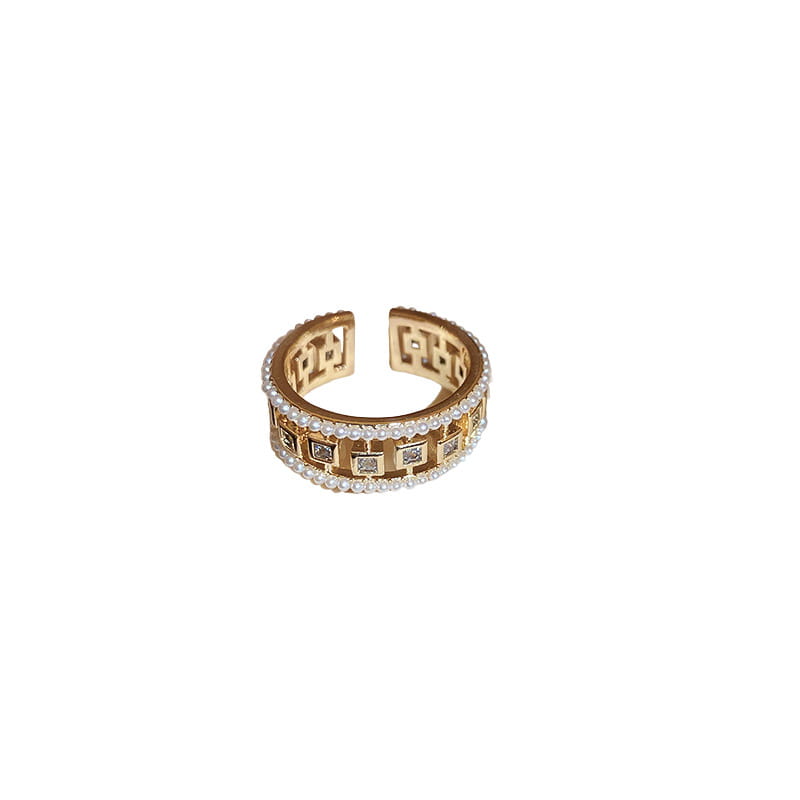 Gold-toned adjustable hollowed square pearl and baguette zircon open ring featuring a geometric pattern with embedded square-cut stones and a row of small pearls along its edge.