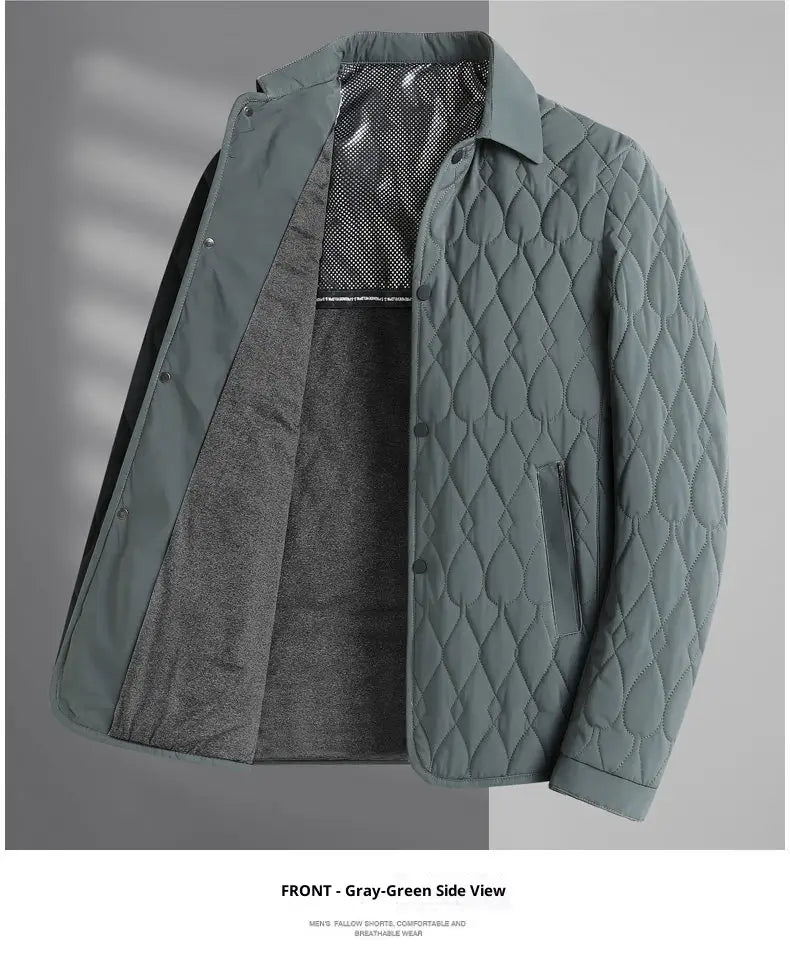 Eine Herren-Gesteppte Businessjacke in Grau-Grün mit leichtem Diamantsteppstich und innenliegendem Mesh-Futter.