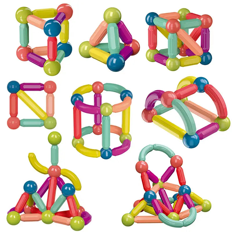 Conjunto de bloques magnéticos coloridos para niños con formas y tamaños variados hechos de plástico resistente con imanes potentes para la construcción creativa y el juego educativo.