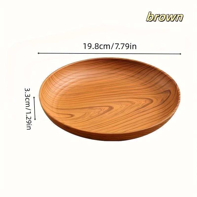 a smooth oval-shaped brown wood grain plastic plate with a natural striped pattern part of a 10pc round striped design set