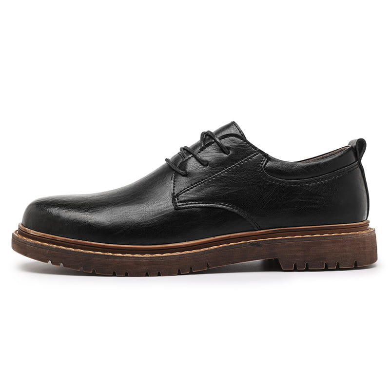 Black leather lace-up oxford shoe with brown rubber sole and stitched detailing for men’s business and casual wear.