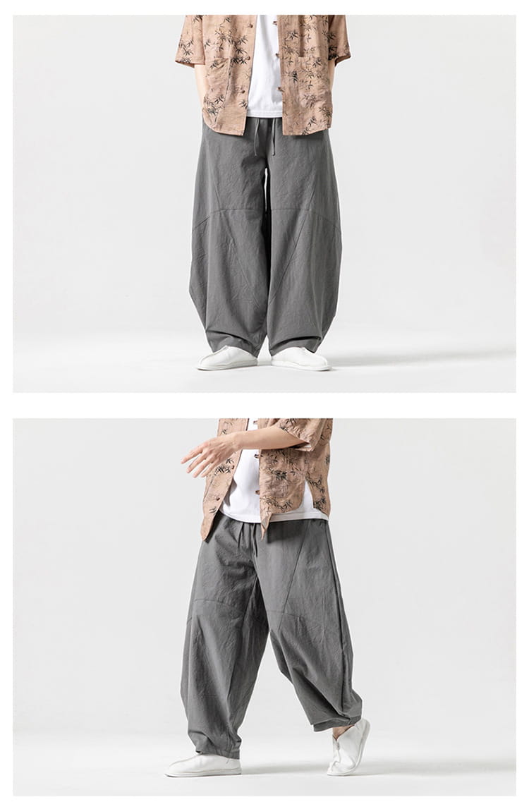 Pantalon ample en toile de tai-chi gris, taille à cordon et plis discrets, conçu comme pantalon décontracté et relax