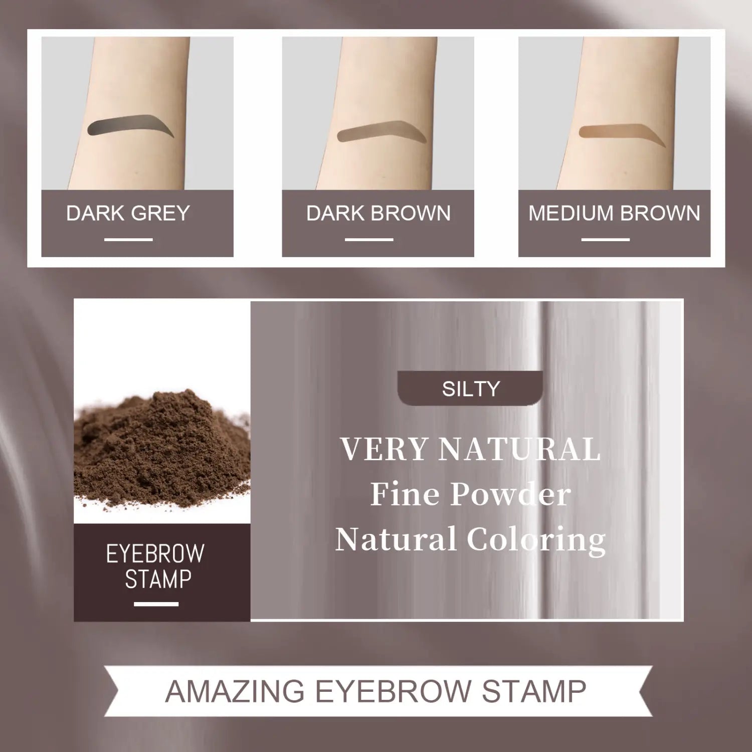 silky fine powder eyebrow stamp in dark grey dark brown or medium brown included in an eyebrow powder stencil kit with stamp and pencil for natural eyebrow coloring