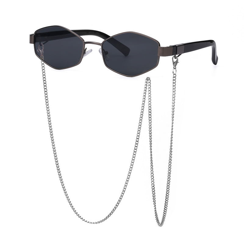 Black octagonal women’s sunglasses with dark gradient lenses and a silver chain strap accent.