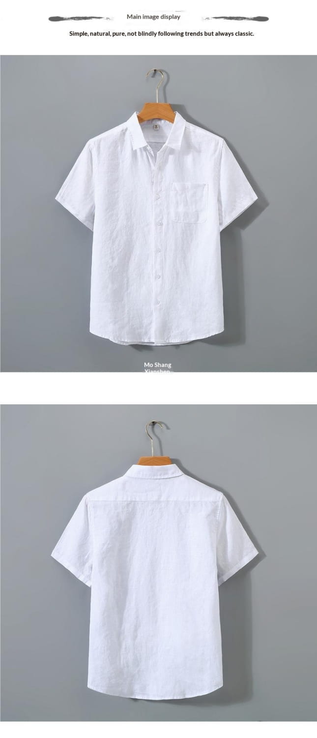 White men’s casual short sleeve button down shirt with classic collar and chest pocket made of lightweight pure linen fabric.