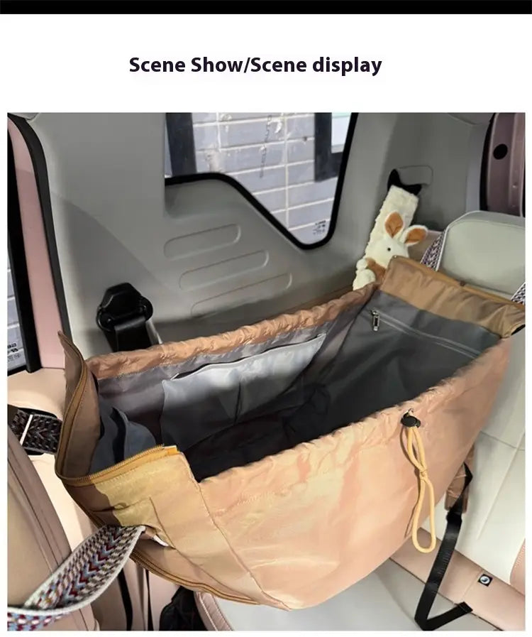 Beige pet car seat cover with gray interior and adjustable straps made of waterproof nylon multifunctional fashion tote and backpack.
