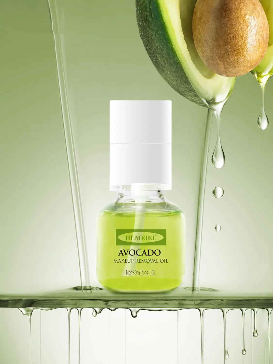 A clear glass bottle with white cap containing vibrant green hemeiel avocado makeup removal oil labeled 30ml for cleansing and makeup removal.