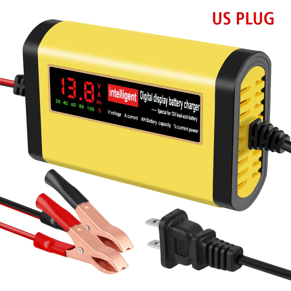 Cargador para batería de automóvil de 12 V amarillo y negro con pantalla LED roja, diseñado para baterías de plomo-ácido de 12 V, AGM y gel.