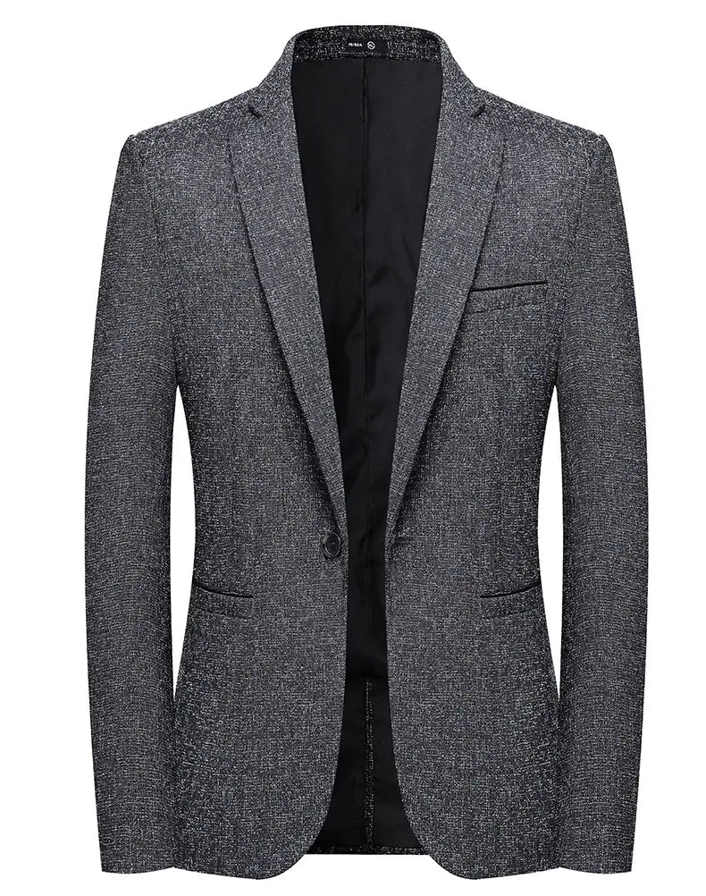 Ein Anzugblazer mit schmaler Passform und einem Knopf in Grau mit dezenter Strukturbindung und schwarzem Innenfutter.