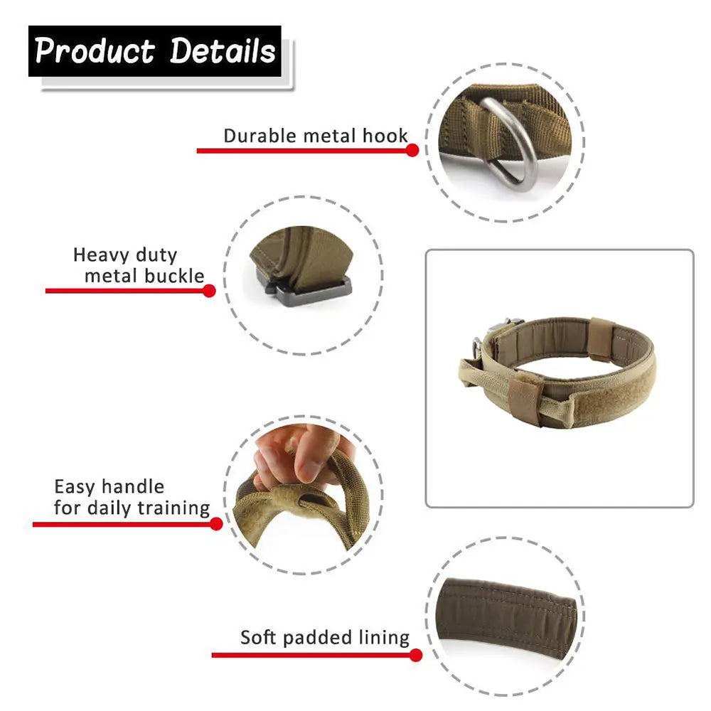 Collier tactique pour chien beige fabriqué en nylon 1000D durable, avec des ferrures métalliques robustes et une doublure rembourrée souple pour un port confortable.