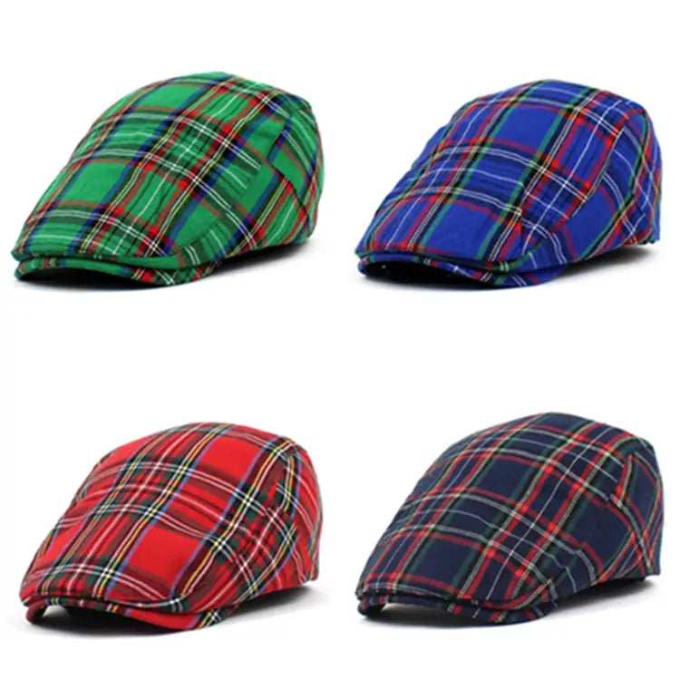 Four plaid painter hats in green, blue, red, and navy featuring intersecting white, yellow, and black stripes flat caps.