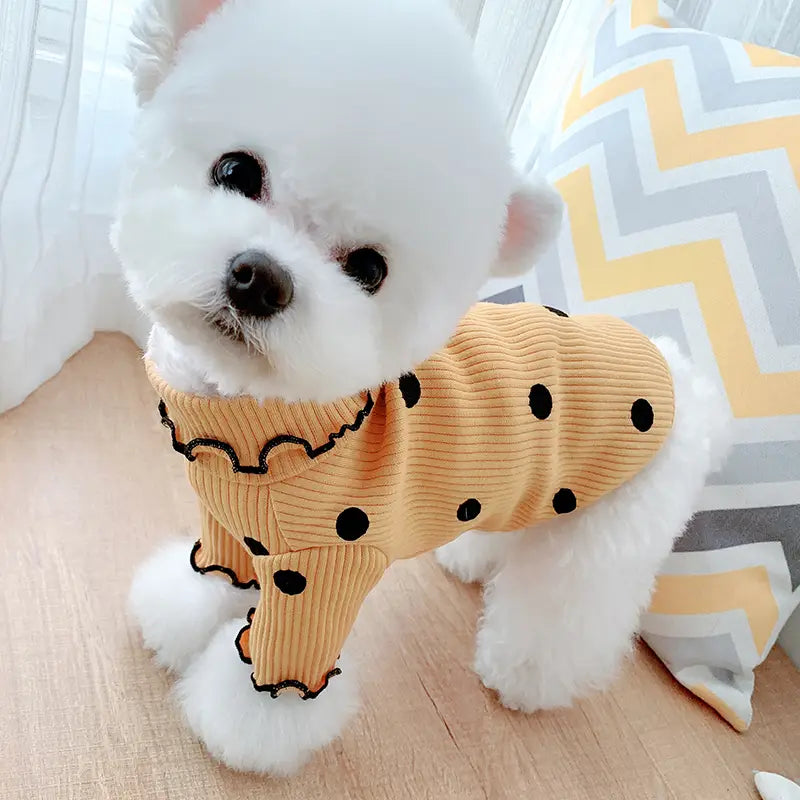 Camiseta tipo cuello vuelto de algodón de manga larga con estampado de lunares y diseño de perro