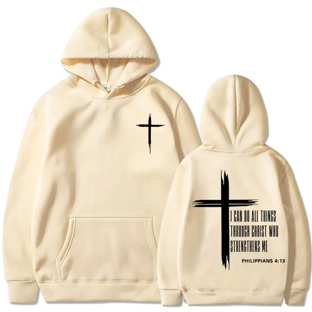 Sweat à capuche de type pullover pour homme couleur crème, avec une croix noire et une impression des Écritures « Philippiens 4 13 » à l’avant et à l’arrière.