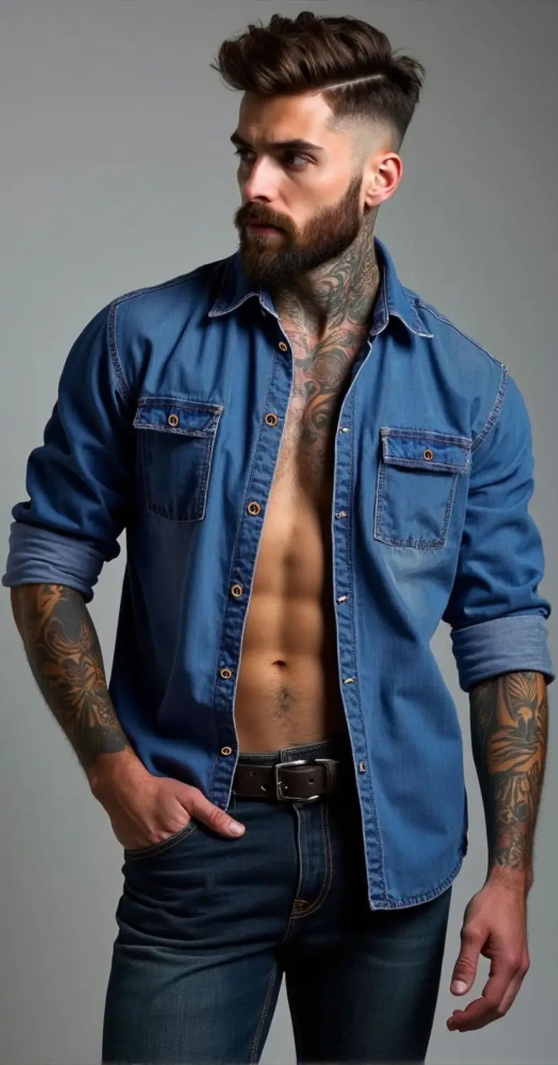 Herren-Denimhemd mit Knöpfen in Übergröße aus blauem Denim mit hochgekrempelten Ärmeln und Brusttaschen.