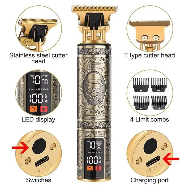 ステンレス製カッターヘッドと、RPMおよびバッテリーレベルを表示するLED表示を備えた、金色およびシルバーの装飾的なドクロデザインのプロ用メンズヘアクリッパーのゴールドコードレス替刃トリマーです。