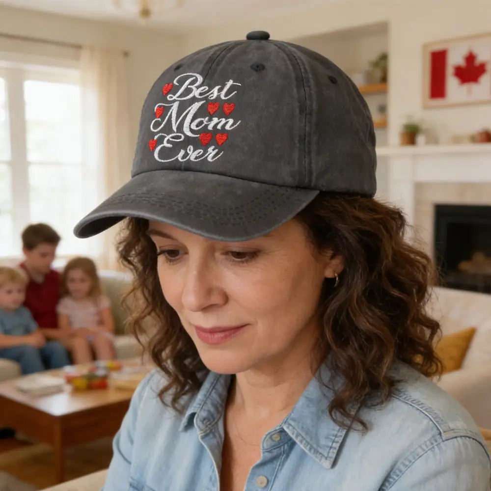 「best mom ever」を白い筆記体で刺繍し、赤いハートのアクセントを施したダークグレーのダメージ加工デニム素材ベースボールキャップ。