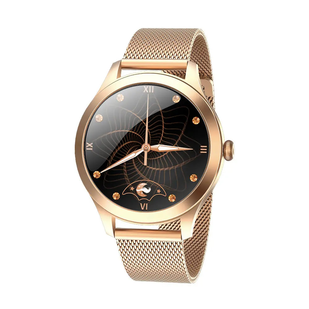 Kw10 pro women rose gold mesh smartwatch with black dial featuring an intricate butterfly wing design roman numerals at 12 and 6 and small golden gemstones marking each hour.