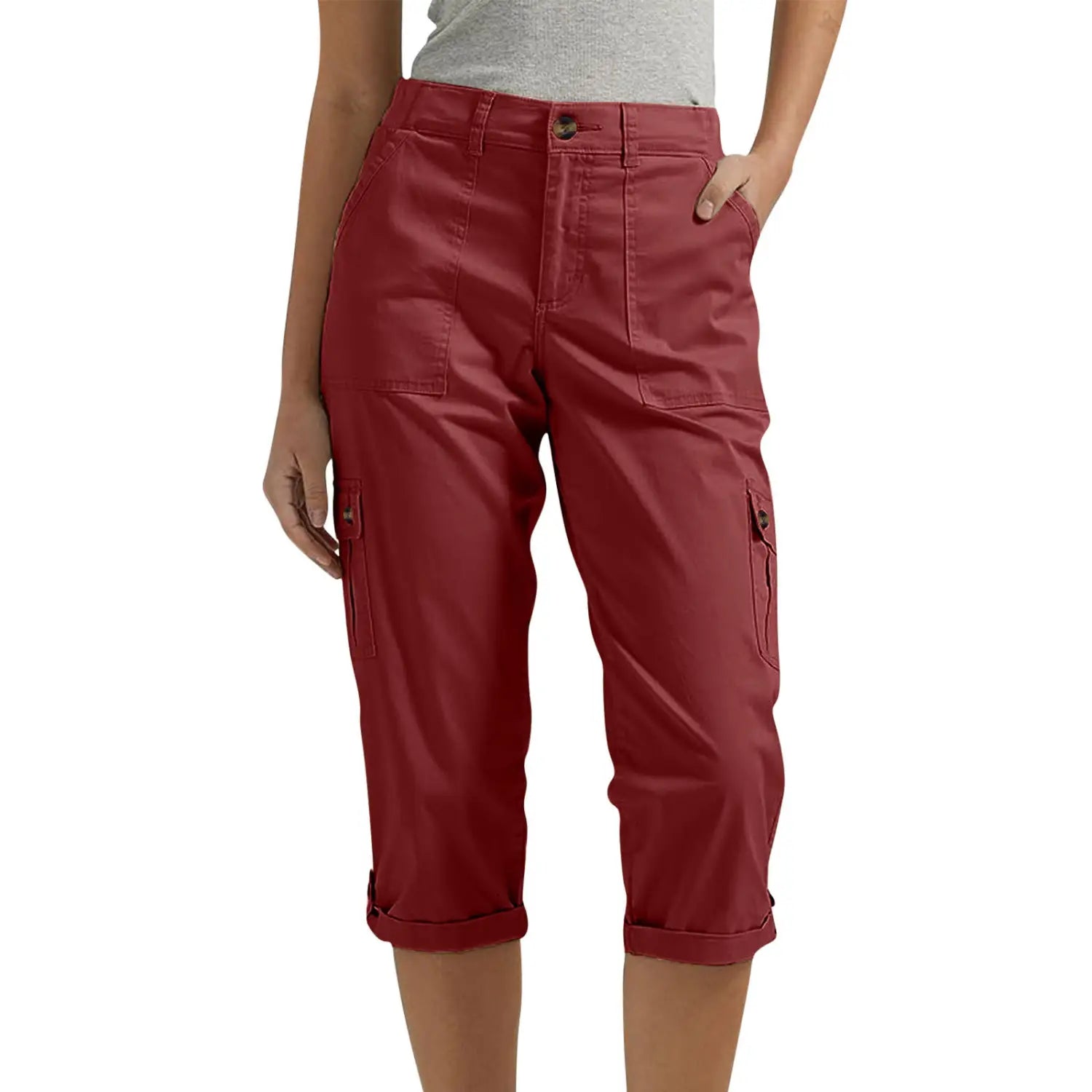 Pantalon capri cargo rouge taille haute pour femmes, pantalons décontractés, avec ourlets retroussés et poches latérales, dans une teinte rouge éclatante.