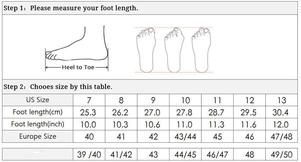 Size chart for men’s lychee pattern cowhide Chelsea Martin boots showing foot length measurements in centimeters and inches with corresponding US and European shoe sizes.
