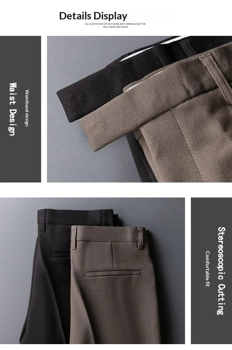 Men’s slim fit British style tailored straight leg trousers in khaki and black corduroy with a tailored waistband design.