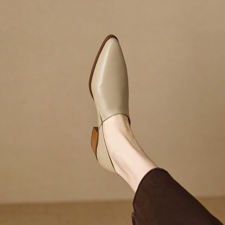 beige leather ankle boot with pointed toe and low block heel suitable for women’s leather block heel loafers square toe shoes collection