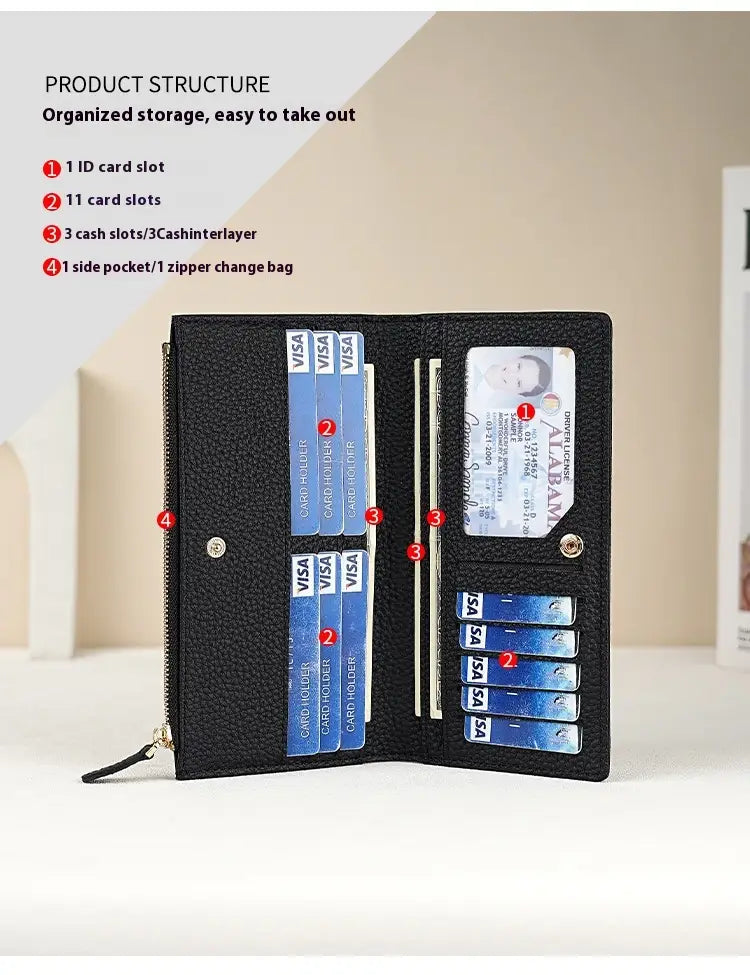 Black cowhide leather anti theft RFID long zip wallet with textured finish, multiple card slots, and cash compartments.