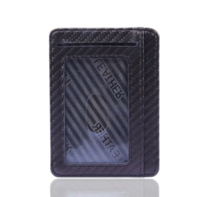 Slim carbon fiber RFID blocking PU leather wallet in black with a textured surface and a clear ID window.