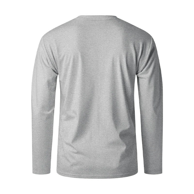 A men’s gray long sleeve waffle knit thermal pullover with a subtle textured pattern.