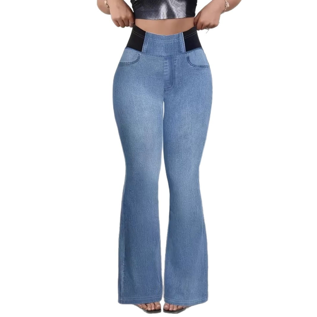 hellblaue Denim-Schlaghosen mit hoher Taille und schwarzem elastischem Bund.