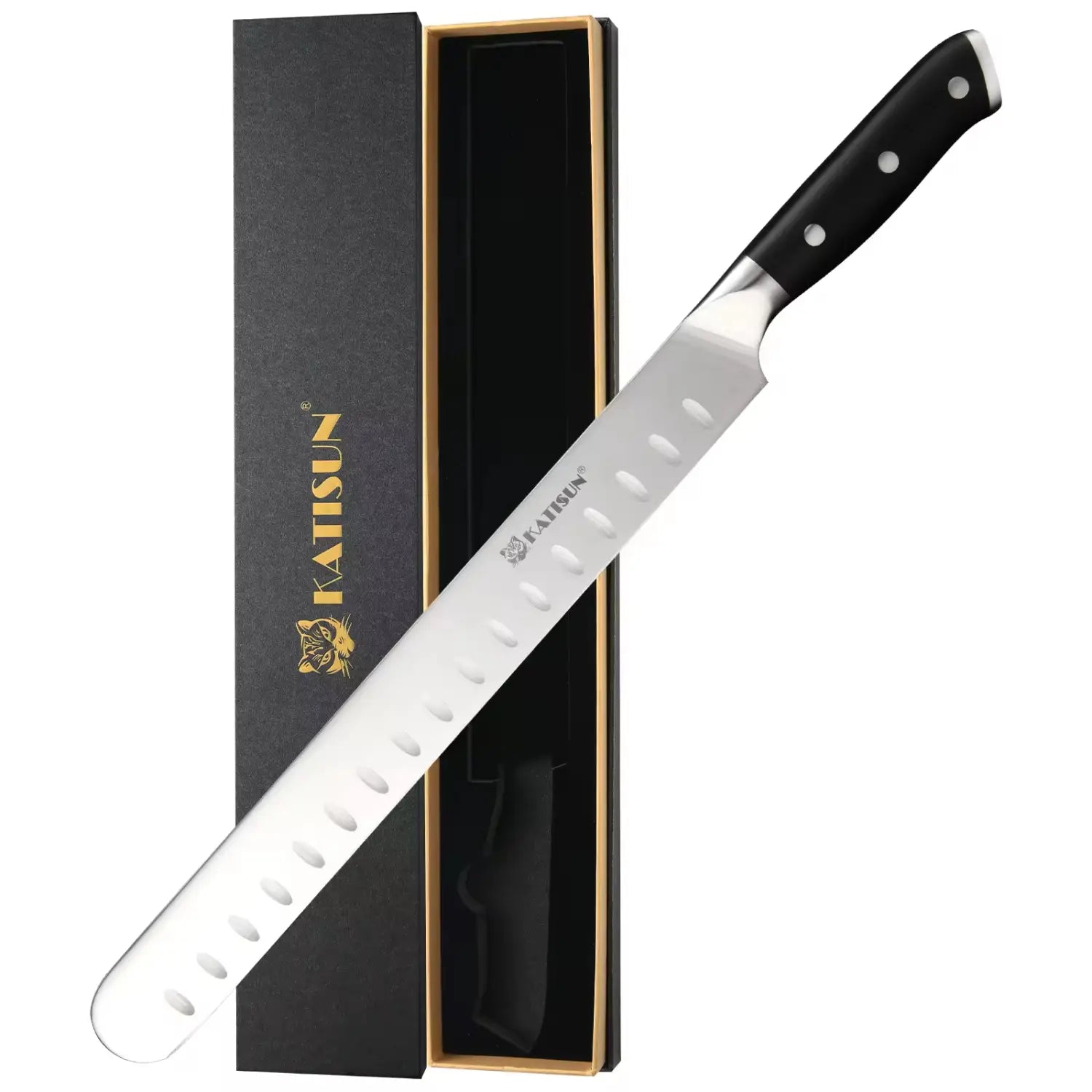 A sleek carbon steel 10 inch chef knife for meat and ham with a stainless steel blade featuring oval-shaped indentations and a black handle with three silver rivets.
