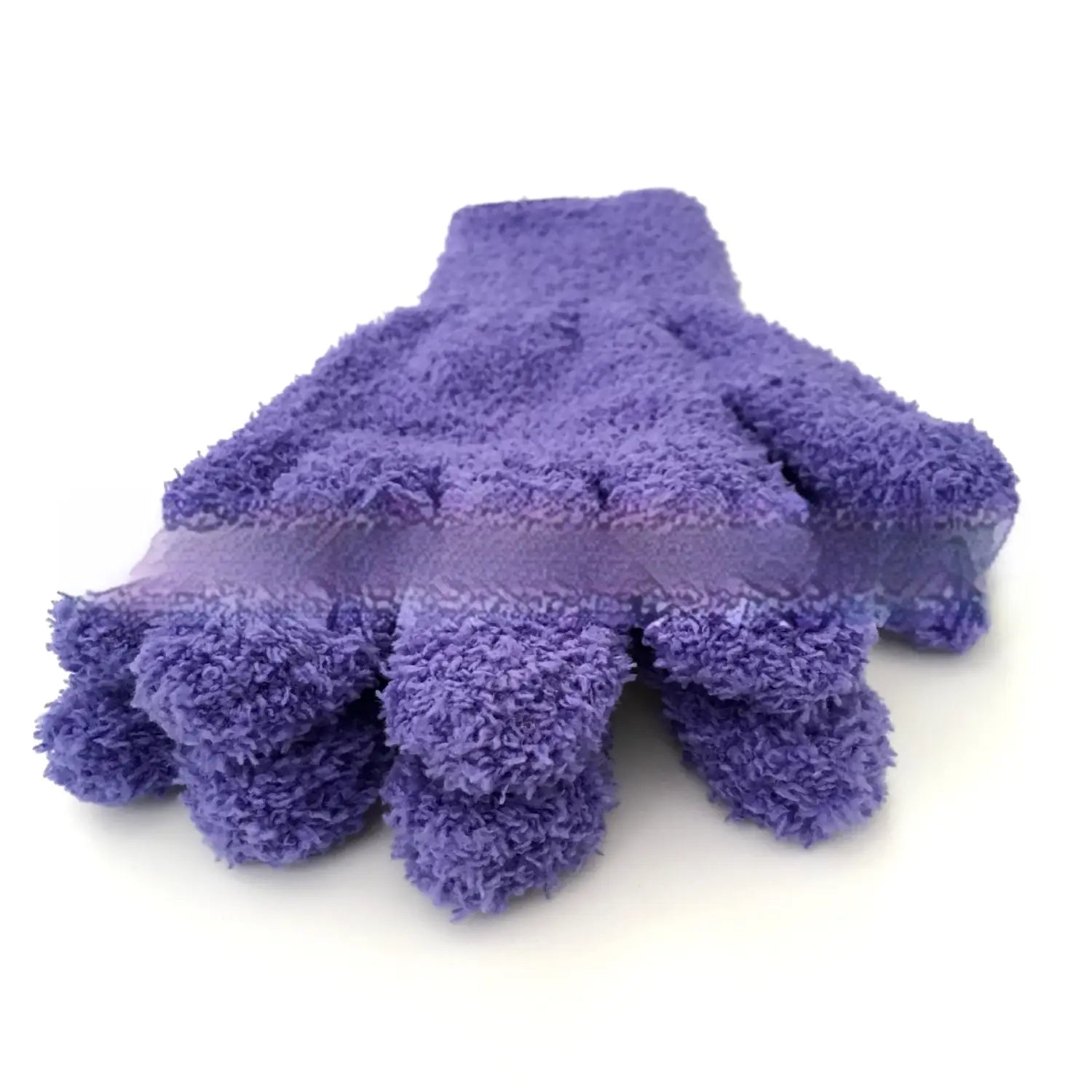 Plush coral fleece bath dust gloves in purple feature a fuzzy soft plush texture with a finger-separated design for effective cleaning.