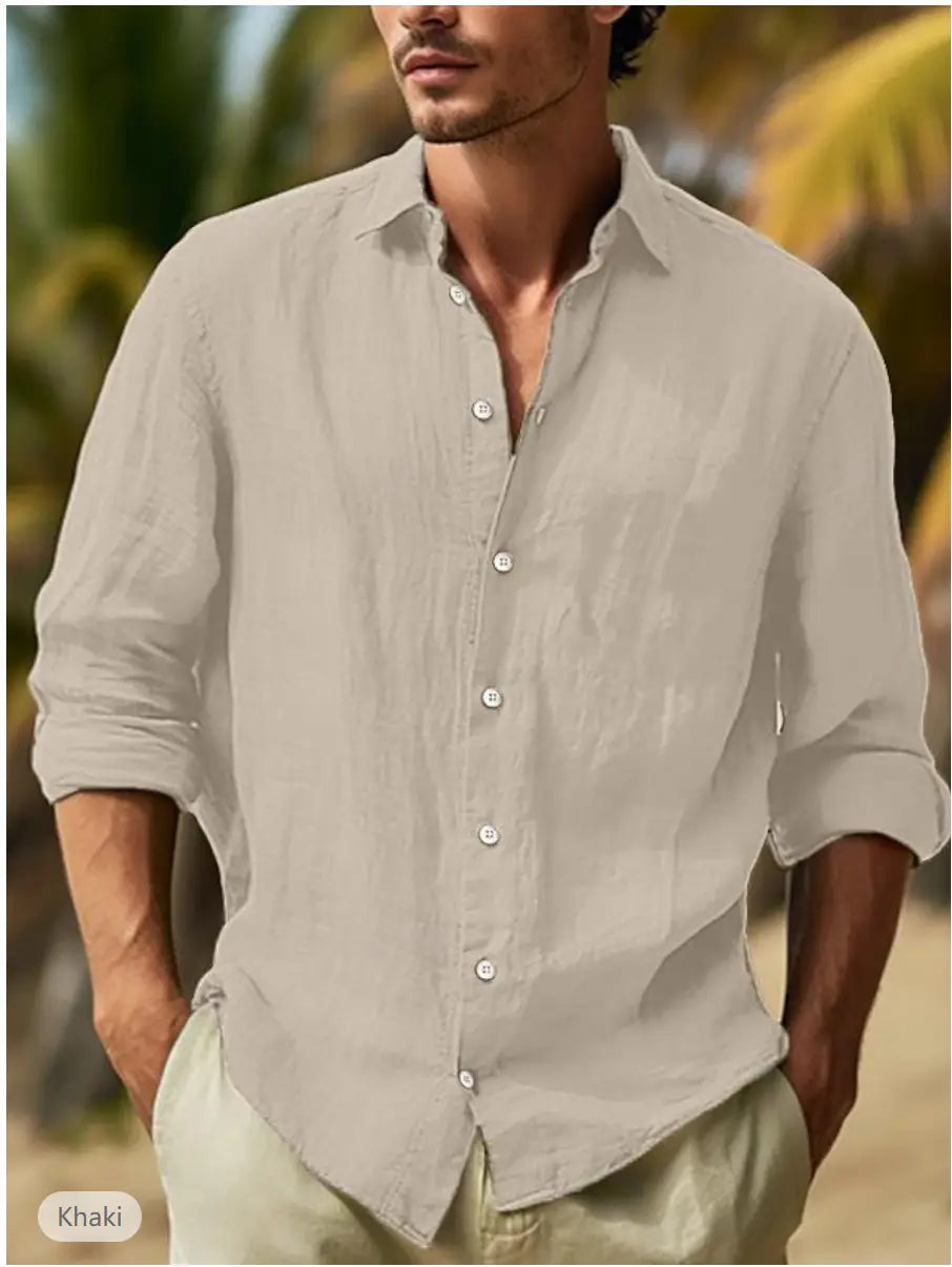 Men’s relaxed fit cotton linen long sleeve shirt in khaki color featuring lightweight fabric with rolled-up sleeves and a classic collar.