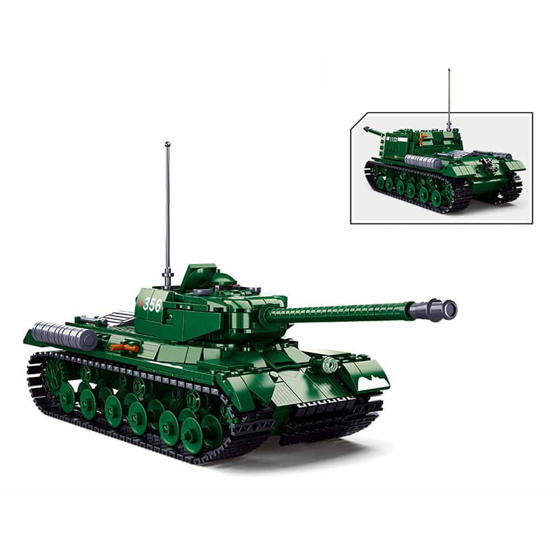 Grünes Kunststoff-Bausatz-Modellbaustein-Modell eines Militärpanzers mit schwarzen Ketten, silbernem Geschütz und der Nummer 356 auf dem Turm für die Sammlung als gepanzertes Auto-Spielzeug.