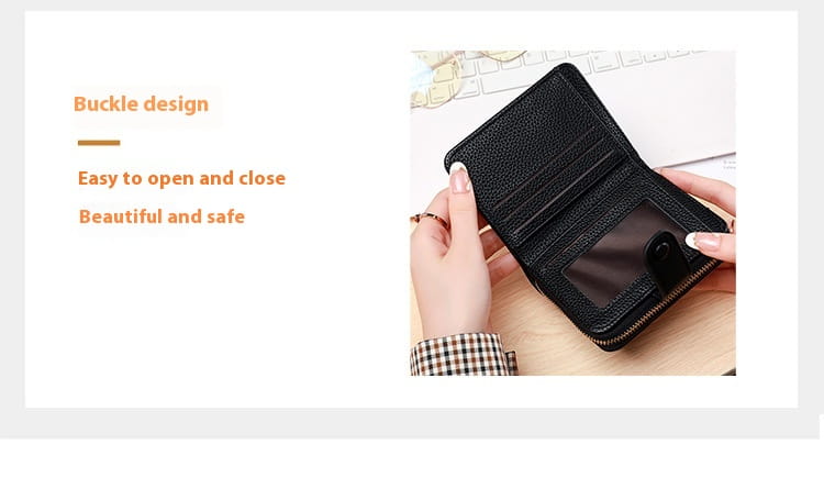 Black textured leather mini organ wallet with button closure buckle and zippered compartment.