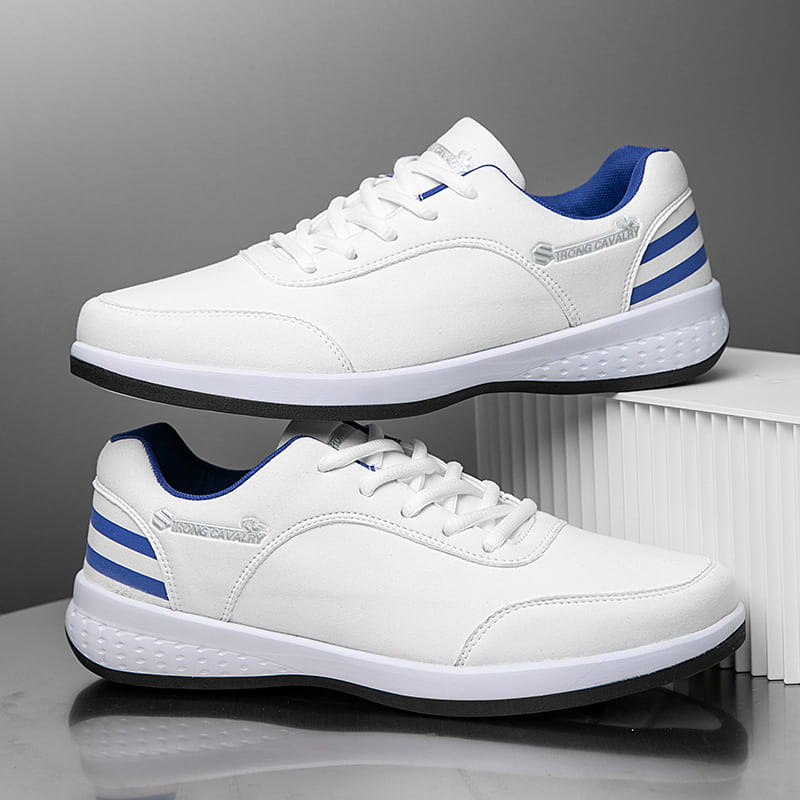 White leather strong cavalry breathable mesh casual athletic sneakers with blue accents and strong cavalry logo on the side.