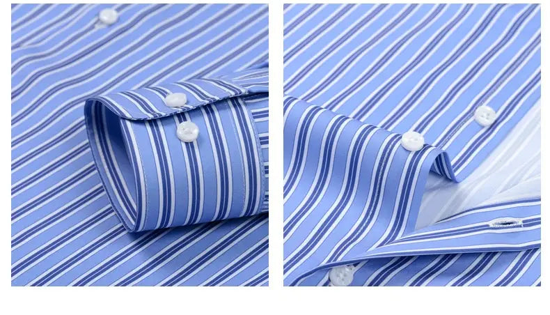 Camisa de vestir abotonada de manga larga a rayas que presenta rayas azul y blanca, con un cuello entallado y pulido, y puños abotonados a juego.