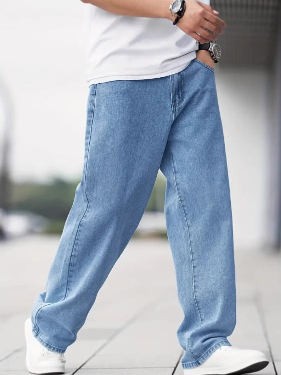 Men’s relaxed straight leg light wash denim jeans made from blue denim with a relaxed straight-leg cut.