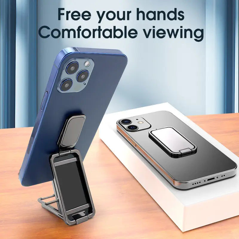 blue smartphone shown from the back with a foldable magnetic phone ring holder attached designed for hands-free desktop viewing.