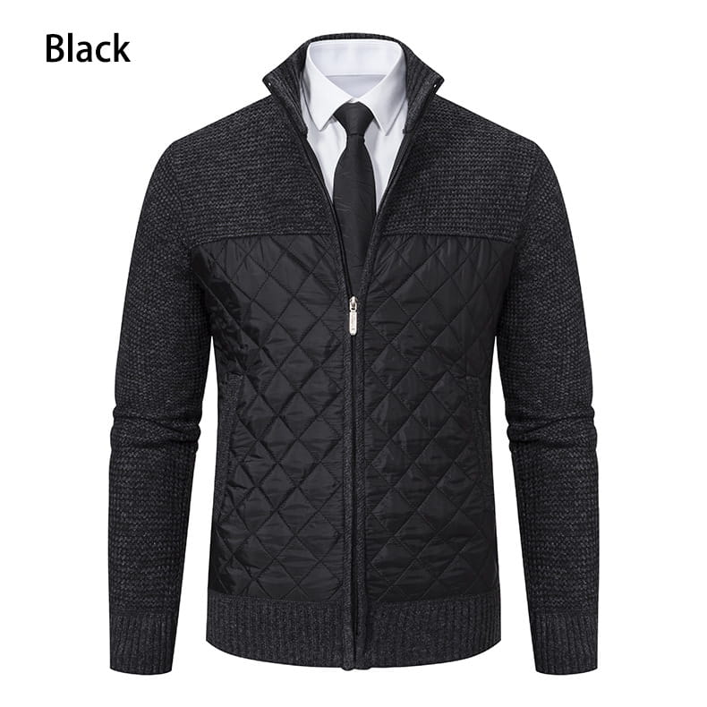 Veste noire matelassée à fermeture zippée, avec col et manches en maille texturée, présentée comme un cardigan matelassé pour homme à col montant