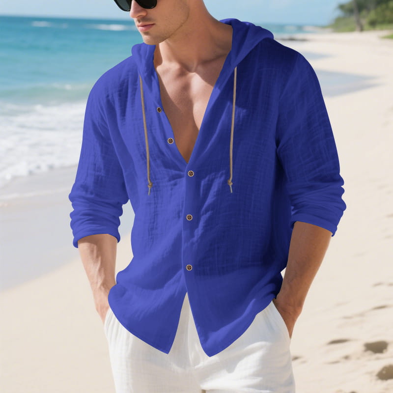Men linen hooded cardigan shirt in vibrant royal blue with beige drawstrings and subtle texture shown from the front.