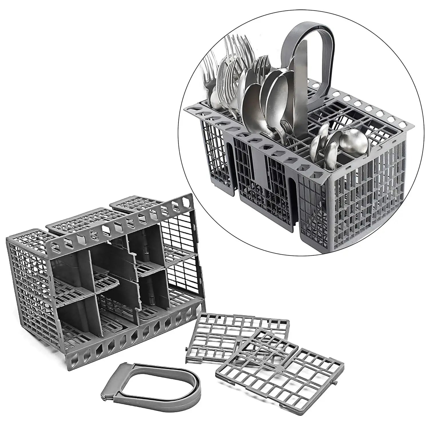 Gray plastic dishwasher cutlery basket for Hotpoint Indesit with molded compartments and a handle