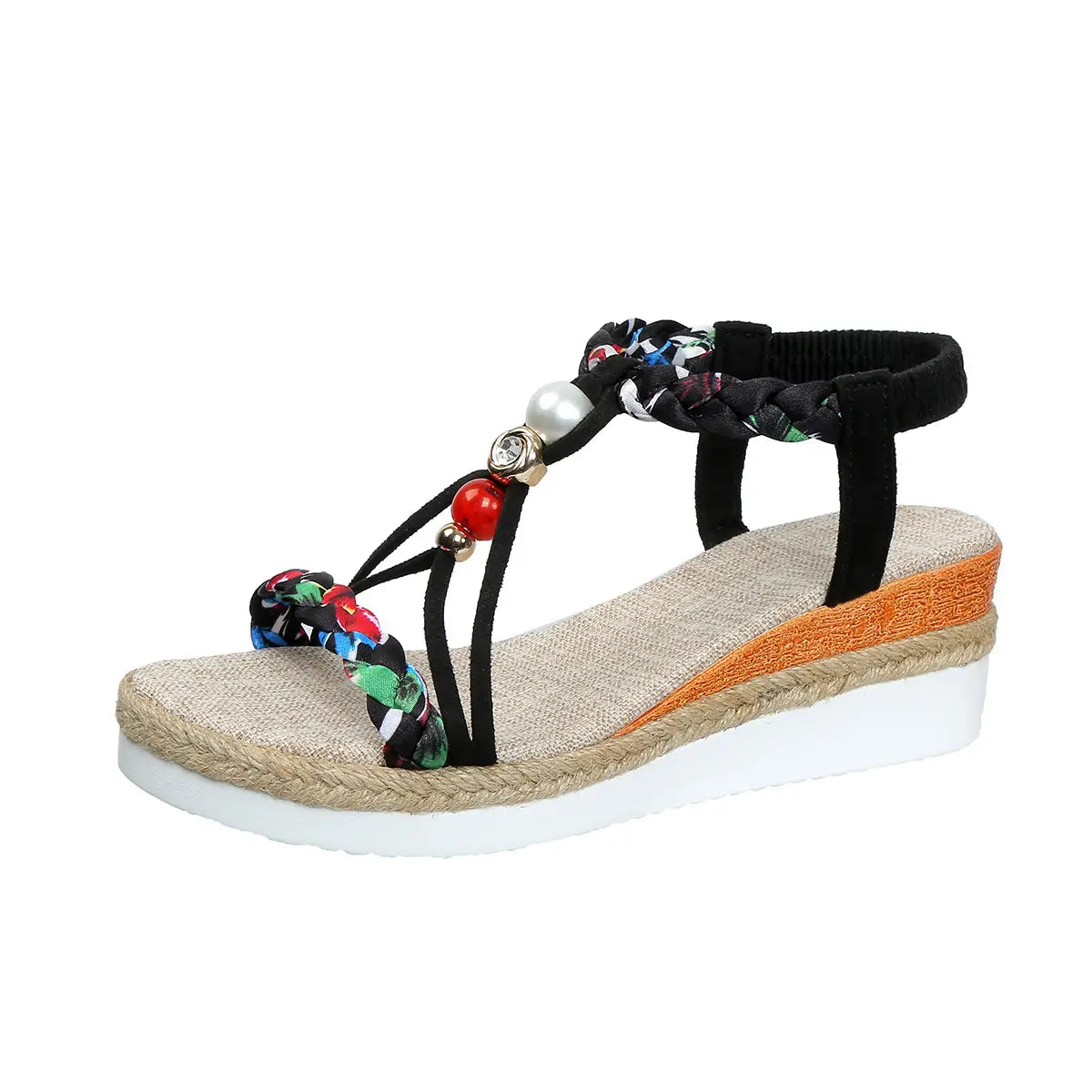 Sandalia tipo cuña espadrille de correa trenzada negra para mujer, con acentos con patrones de colores y cuentas tipo perla, diseñada como bailarinas tejidas.
