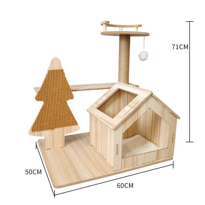 Light-colored wooden cat tree with a house-shaped shelter and a Christmas tree-shaped sisal rope scratching post for cat scratching and lounging.