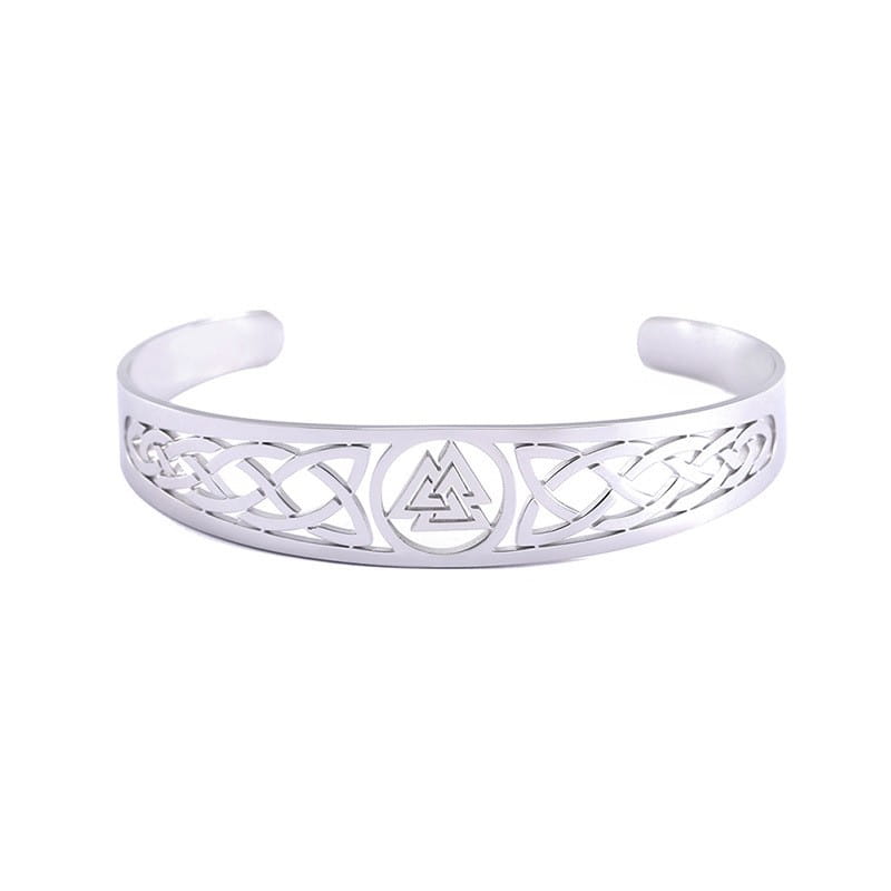 Silver stainless steel open cuff bracelet featuring intricate celtic knotwork and a central valknut symbol.