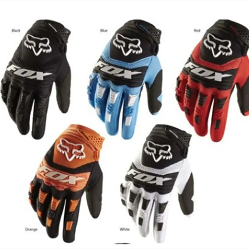 Fox Racing motorcycle gloves in black blue red orange and white showing the back side with breathable mesh material for motocross protection.
