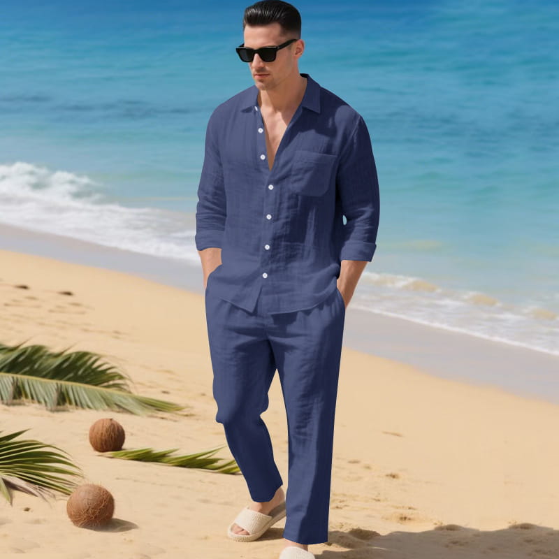 men linen long sleeve shirt pants set in navy blue linen fabric featuring a button-down shirt and matching pants.