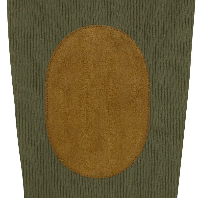 slim fit corduroy patchwork pullover featuring an olive green knee patch with a tan suede oval inset and contrast accents